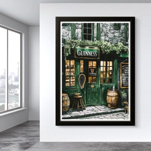 a pub or bar with a green exterior, featuring a Guinness sign and barrels, as well as a window with a view of the city.