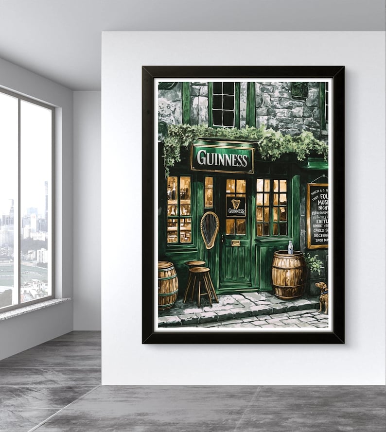 a pub or bar with a green exterior, featuring a Guinness sign and barrels, as well as a window with a view of the city.