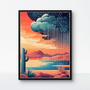 Rain Over Desert Print – Modern Southwest Poster, Colorful Landscape Art, Cactus Rain Scene