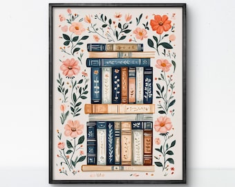 Parete artistica botanica con pila di libri – Poster per amanti dei libri con accenti floreali, estetica accogliente per la lettura, stampa per biblioteca domestica di ispirazione vintage