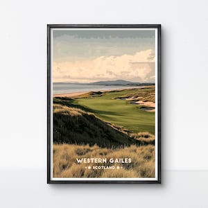 Poster da golf Western Gailes, Scozia, campo da golf, arte vintage, stampa da parete, decorazione da golf con cornice, regalo