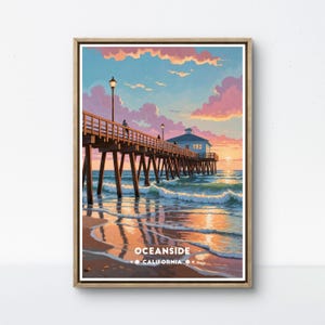 Poster Oceanside, stampa Sunset Pier, arte della spiaggia della California, decorazione da parete Oceanside, scena oceanica retrò, vista della Golden Shore, stampa costiera SoCal