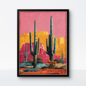 Desert Sunset Vintage Art Print with Cactus, Mexican Landscape, Retro Colors – Cactus Poster for Wall Decor & Latin Style Homes