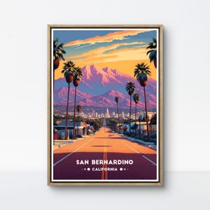 Poster di San Bernardino, stampa del deserto della California, arte della città con palme, vista sulle montagne retrò, decorazioni di San Bernardino, poster di strada al tramonto