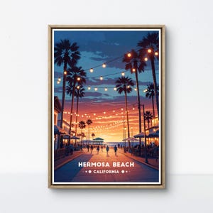 Poster di Hermosa Beach, stampa del tramonto della California, arte del molo notturno di SoCal, decorazione murale di Hermosa, scena di luci di palme, street art retrò sulla spiaggia