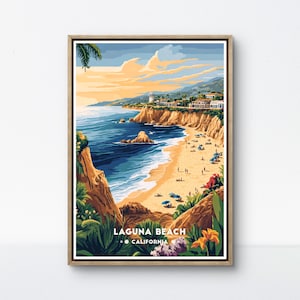 Poster di Laguna Beach, stampa costiera della California, scena di spiaggia retrò, decorazione da parete di Laguna, arte con vista sull'oceano Pacifico, poster di SoCal Cliffside