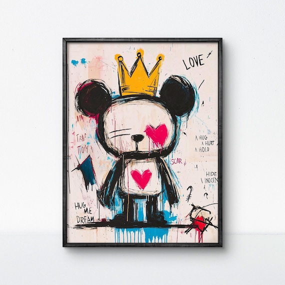 Graffiti Teddy Bear Art Print: Crowned Urban Style Poster