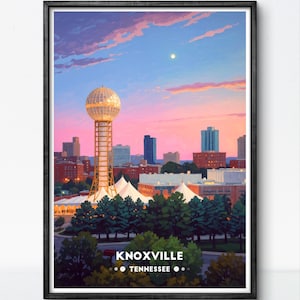 Knoxville Tennessee Poster – Sunsphere Skyline, Sunset Cityscape, Vintage Travel Art Print