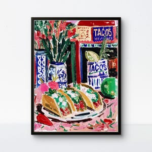 Tacos und Talavera, dekoratives Wandbild für Messing / leuchtendes Kaktusposter / lebendiges Messingdekor für Küche oder Regal
