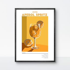 Póster vintage de Aperol Spritz: arte mural de cócteles retro para decorar el hogar y el bar.