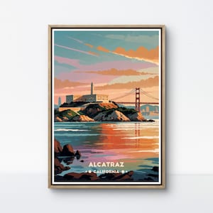 Alcatraz Poster, San Francisco Bay Art, California Landmark Print, Golden Gate Bridge Poster, Alcatraz Island Wall Decor