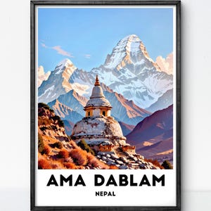 Póster descargable de Ama Dablam Nepal, impresión de las montañas del Himalaya, ilustración de templo, regalo de viaje, decoración del hogar, arte paisajístico
