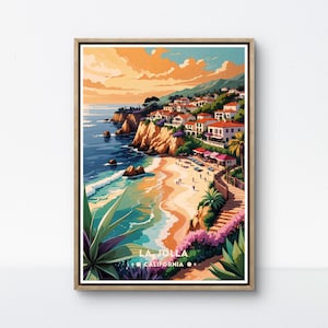 Poster di La Jolla, stampa costiera della California, arte retrò con vista sulla spiaggia, decorazione da parete di La Jolla, scena dell'oceano sulla scogliera, poster del villaggio di SoCal