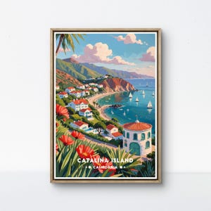Póster de la Isla Catalina, Impresión de la Costa de California, Arte mural de un pueblo costero, Póster de un velero oceánico, Arte de viajes colorido, Decoración mural de Catalina