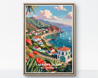Catalina Island Poster, California Coast Print, Seaside Village Wall Art, Sailboat Ocean Poster, Colorful Travel Art, Catalina Wall Decor