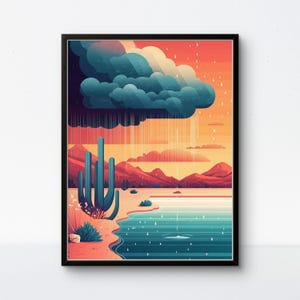 Desert Rain Poster – Cactus Storm Print, Colorful Arizona Art, Modern Southwest Landscape