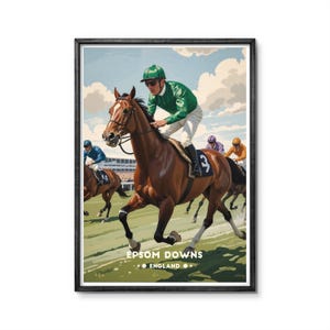 Epsom Downs England Vintage Poster | Horse Racing Scene with Jockey and Crowd | Retro Sporting Wall Art - Epsom Downs Wall Art
