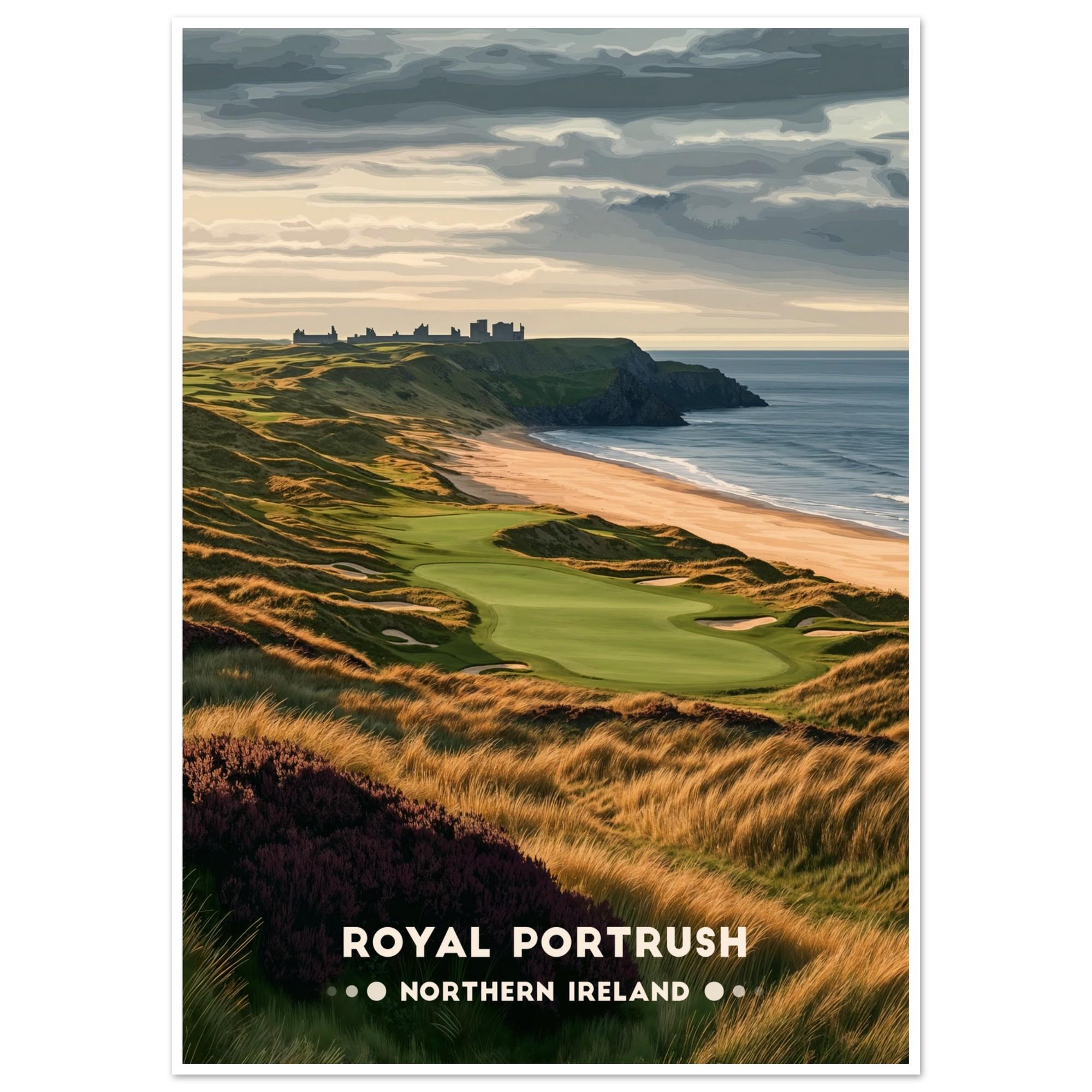 Poster del Royal Portrush Golf, stampa artistica del golf dell'Irlanda del Nord, decorazione murale Coastal Links per casa o ufficio, regalo perfetto per gli amanti del golf.