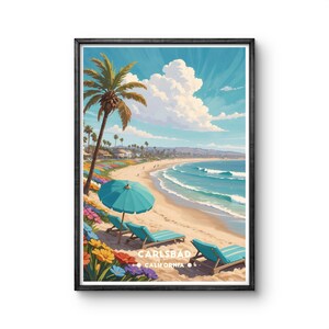 Carlsbad California Beach Vintage Poster – Sunny Coastal Art Print Featuring Flowers, Palm Trees, and Ocean Waves