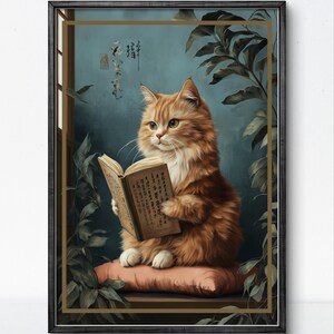 Arte vintage di lettura di gatti – Poster felino stravagante e adorabile per gli amanti dei libri