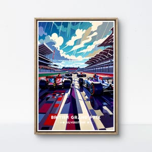 Póster del Gran Premio de Gran Bretaña: la emblemática parrilla de salida de Fórmula 1 de Silverstone bajo un cielo espectacular