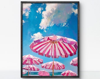 Pink Beach Umbrella Art Print: Retro Coastal Decor