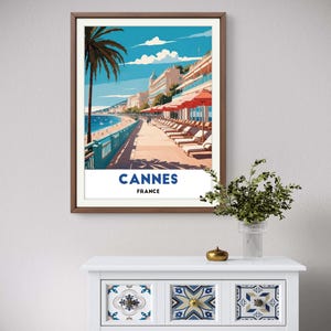 Póster de viaje de Cannes, Francia, arte mural de la Riviera Francesa, decoración costera retro para sala de estar, impresión artística de vacaciones en la playa