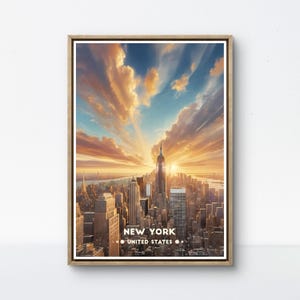 New York City Vintage Poster, USA Skyline Art, Empire State Building Sunset Wall Decor NY Poster