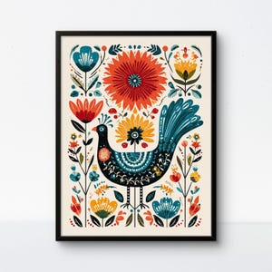 Folk Rooster & Flowers – Vibrant Decorative Poster Inspired by Mexican and Scandinavian Art