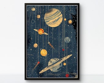 Solar System Poster - Vintage Space Planets and Star Chart