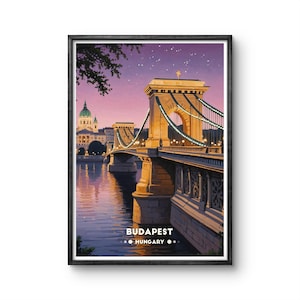 Budapest Chain Bridge Vintage Poster – Stunning Evening Scene with Lights and River Reflections in Hungary