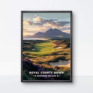 Poster della contea di Down, stampa artistica del golf dell'Irlanda del Nord, decorazione da parete per la casa o l'ufficio, campo da golf di livello mondiale, regalo per appassionati di golf e viaggiatori