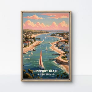 Poster di Newport Beach, stampa costiera della California, arte del porto di Newport, scena di navigazione retrò, decorazione da parete di Newport, vista sul lungomare di SoCal