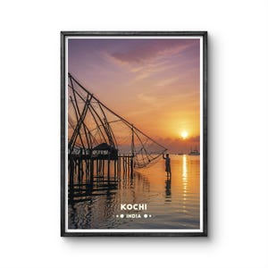 Kochi India Vintage Poster - Stunning Sunset and Chinese Fishing Nets - Perfect Wall Art for Travel and Coastal Lovers