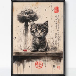 Gato atómico: póster surrealista de gato con explosión nuclear: arte moderno, estilo japonés, simbolismo distópico minimalista