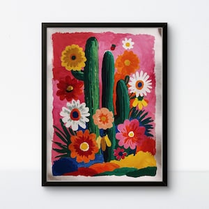 Mexikanische Kaktus Blume Poster mit kräftigen Farben - Lebendiger Wüsten Garten Wand Kunst, skurriler Blumendruck auf rosa Hintergrund