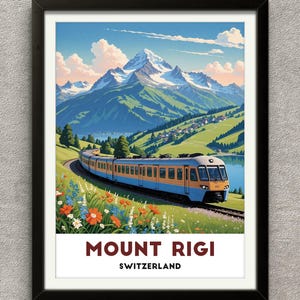 May include: A vintage travel poster featuring a blue and yellow train traveling through a green valley with snow-capped mountains in the background. The poster reads "Mount Rigi, Switzerland".