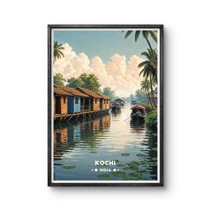 Kochi India Vintage Poster - Serene Backwater Scene Art Print - Kerala Houseboat Travel Wall Decor - Kochi Poster