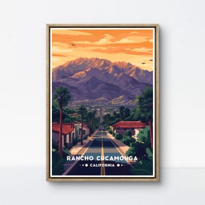 Poster Rancho Cucamonga, stampa di montagna della California, arte della città al tramonto, scena di strada retrò, arredamento Rancho, stampa SoCal View, poster della costa occidentale