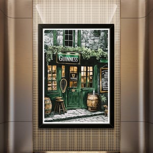 a pub or bar with a green exterior, featuring a Guinness sign, barrels, and a stool.