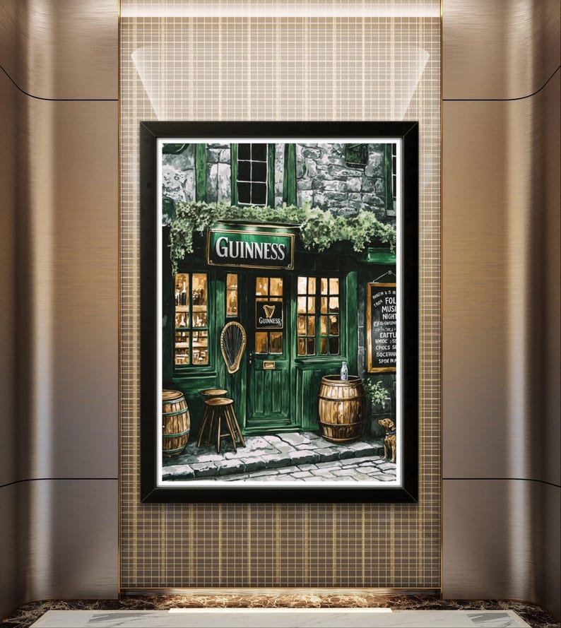 a pub or bar with a green exterior, featuring a Guinness sign, barrels, and a stool.