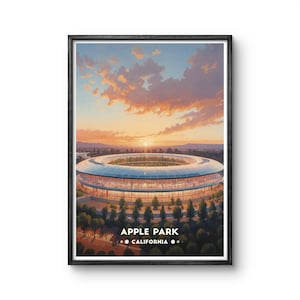 Apple Park California Vintage Poster - Sunset View of Futuristic Campus for Modern Wall Art and Tech Lovers