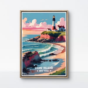 Poster di Long Island, stampa costiera di New York, arte murale del faro, arredamento di Long Island, scena costiera retrò, stampa della costa orientale