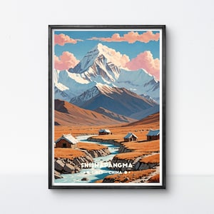Poster vintage Shishapangma, arte di viaggio in Tibet, montagne dell'Himalaya e valle panoramica, decorazione murale con paesaggio tibetano sereno