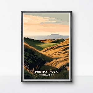 Poster del golf di Portmarnock, stampa artistica del golf irlandese, decorazione da parete Coastal Links per l'ufficio, regalo perfetto per i puristi del golf e gli appassionati di viaggi irlandesi
