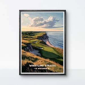 Poster da golf di Whistling Straits, Wisconsin, campo da golf, stampa artistica da parete Cliffside Golf, decorazione da viaggio vintage con cornice, regalo