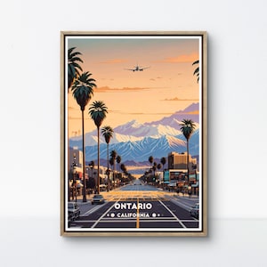 Poster Ontario, stampa della città della California, vista della strada al tramonto, decorazione murale Ontario, arte urbana SoCal, scena di montagna retrò, poster della città degli Stati Uniti