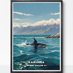 Kaikoura New Zealand Poster – Orca Whale, Coastal Mountains, Marine Wildlife Art Print