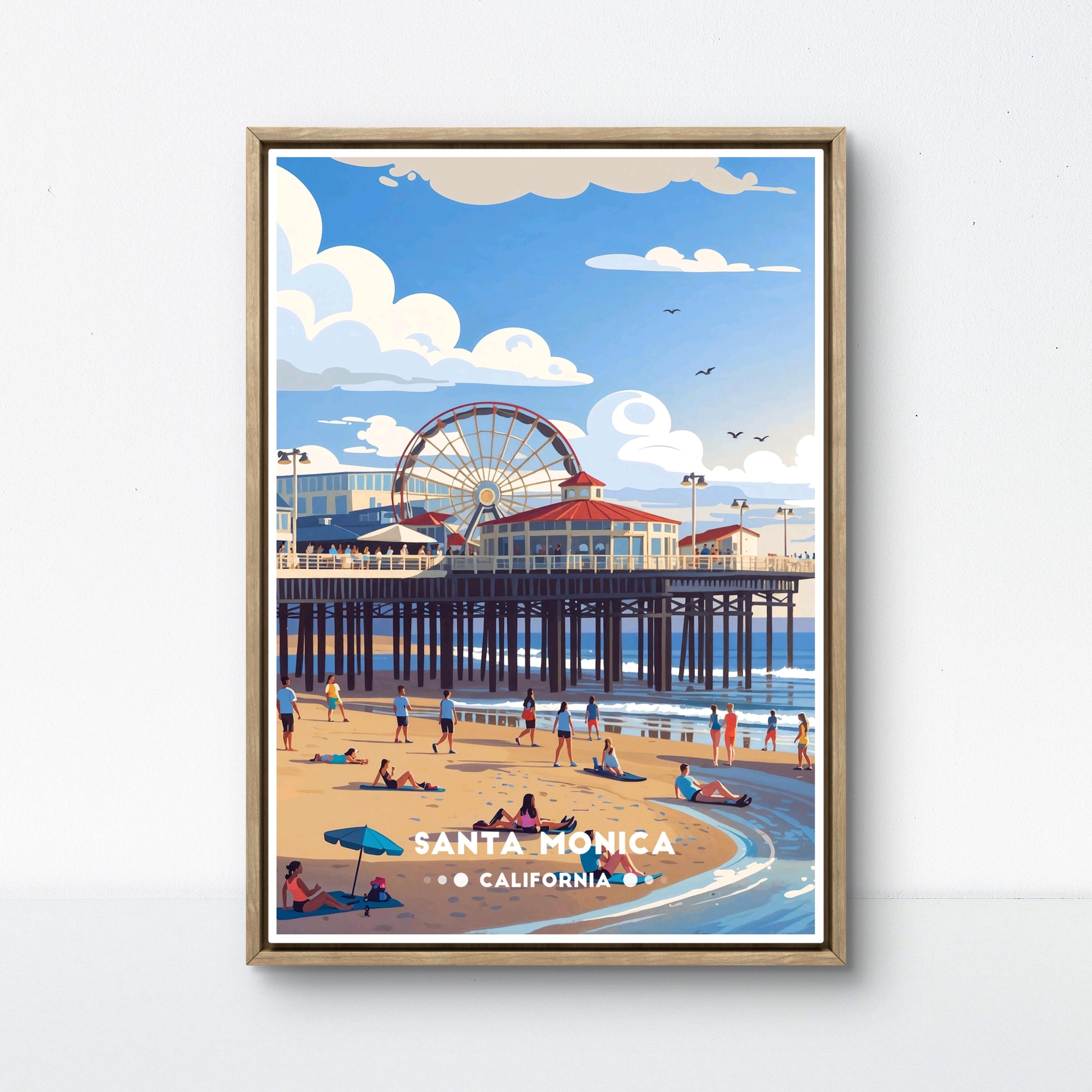 Santa Monica Poster, Beach Day Print, California Pier Art, Retro Ocean Scene, Ferris Wheel Wall Art, Santa Monica Decor