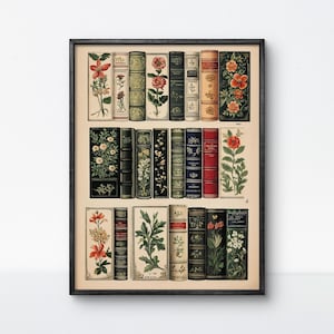 Vintage Botanical Book Spine Art Print – Antique Floral Book Poster, Elegant Library Wall Decor for Garden and Literature Lovers